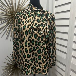 New York & Company Green and Black Leopard Tie-Neck Blouse